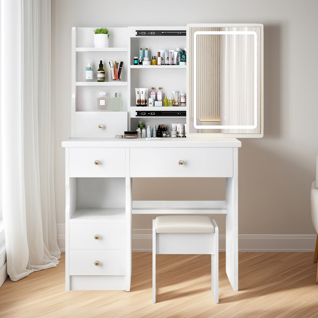 White Vanity Desk with Touch-Controlled Lighted Mirror, Five Drawers, Open Shelves and Padded Stool