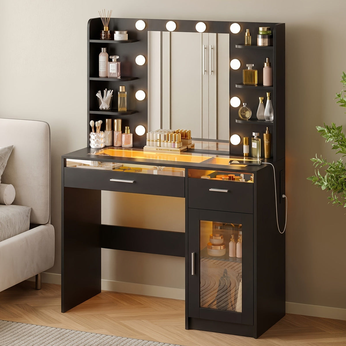 Lighted-Mirror Vanity Desk with Open Side Shelves, Two Center Drawers, Lower Cabinet and Four Size-Color Options