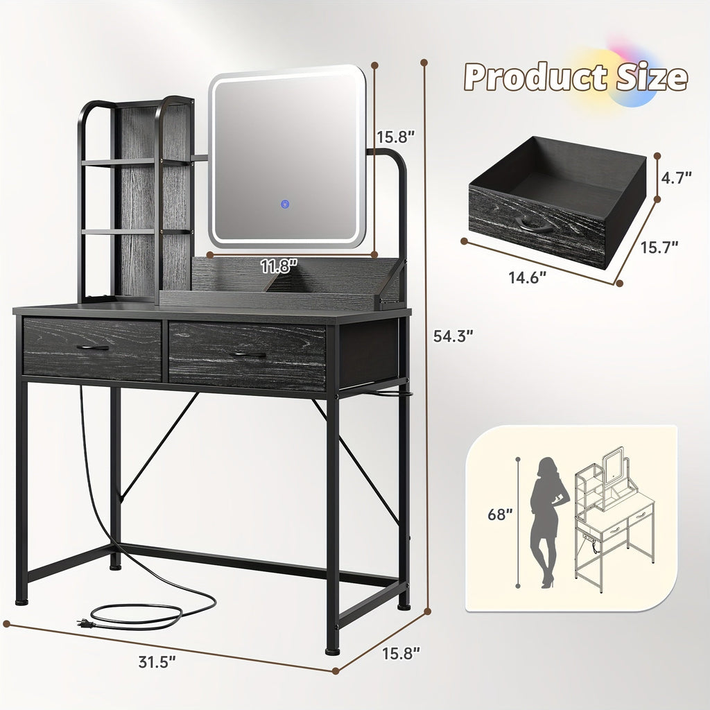Makeup Vanity Desk with Lighted Mirror, Vanity Table with Storage for Bedroom