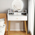 Compact White Vanity Desk with Round Three-Level Lighted Mirror, Open Shelf, One Drawer and Tapered Legs