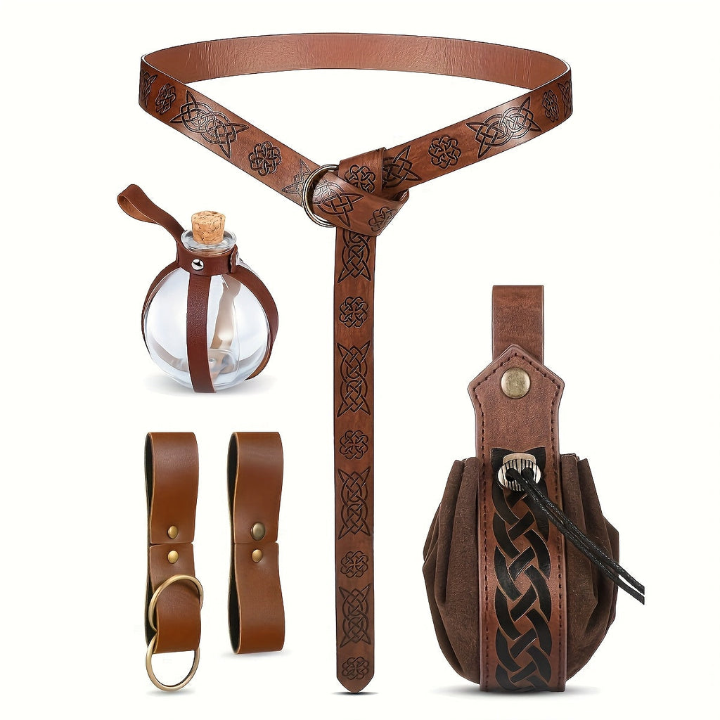 5-Piece Medieval Belt Set with Faux Leather Waist Belt, Potion Holder and Pouch in Brown or Black