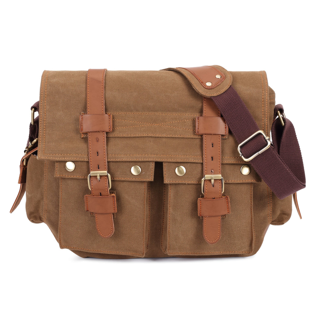 Vintage Canvas Messenger Bag with Buckle Flap, Twin Front Pockets & Wide Strap for Work, Photography and Travel