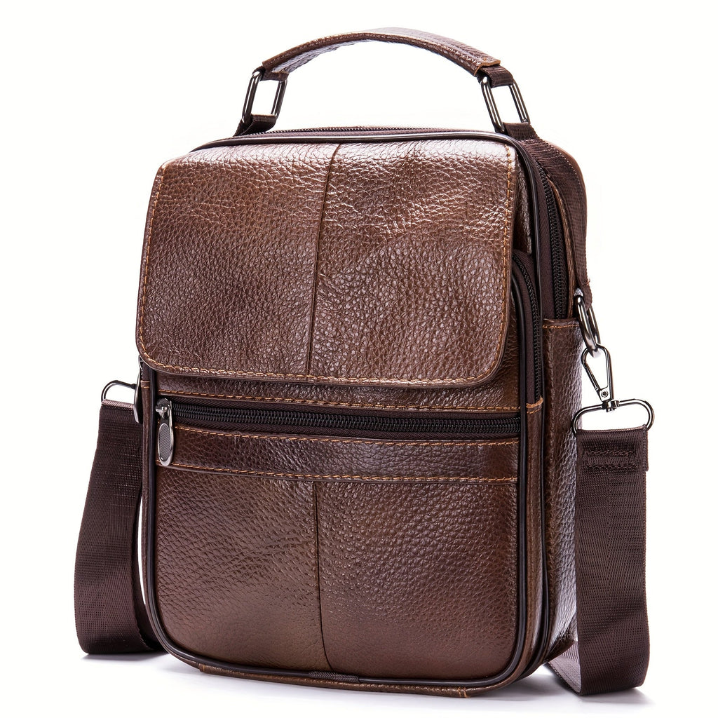 Men's Genuine Leather Vertical Crossbody Bag with Top Handle, Multi-Zip Storage & Bottle Pocket for Work Travel
