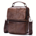 Men's Genuine Leather Vertical Crossbody Bag with Top Handle, Multi-Zip Storage & Bottle Pocket for Work Travel