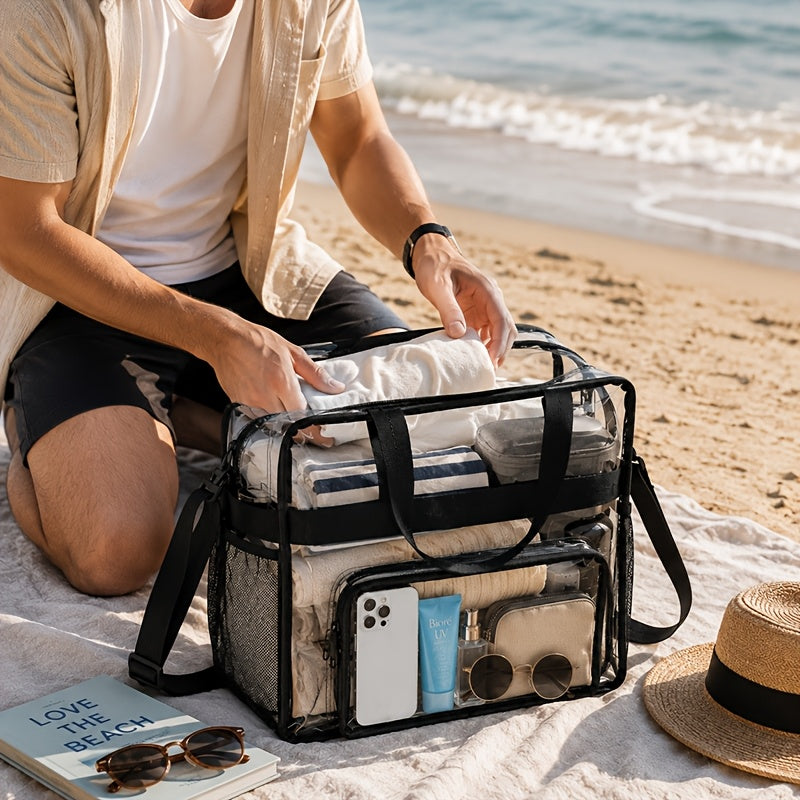 Clear PVC Stadium Tote Crossbody Bag with Dual Handles, Front Phone Pocket, Side Mesh Storage & Zip Top