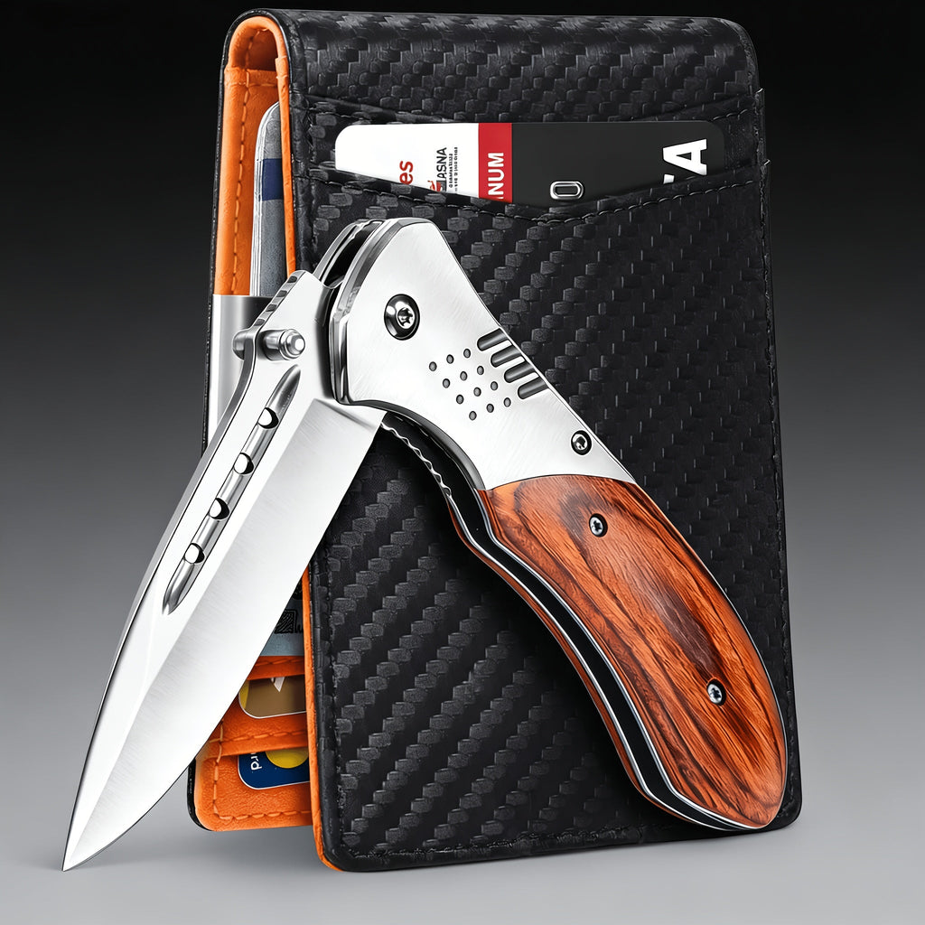 Men's Wallet 2-Piece Set with Slim Card Holder and Stainless Steel Folding Tool for Everyday Carry
