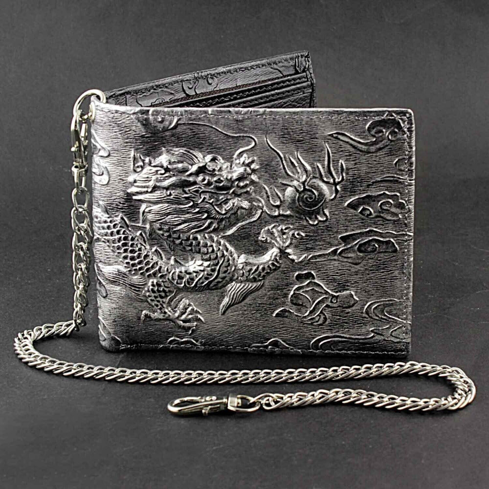 Men's Wallet with Embossed Dragon, Detachable 41cm Chain and Vintage Silver Biker Finish for Bikers