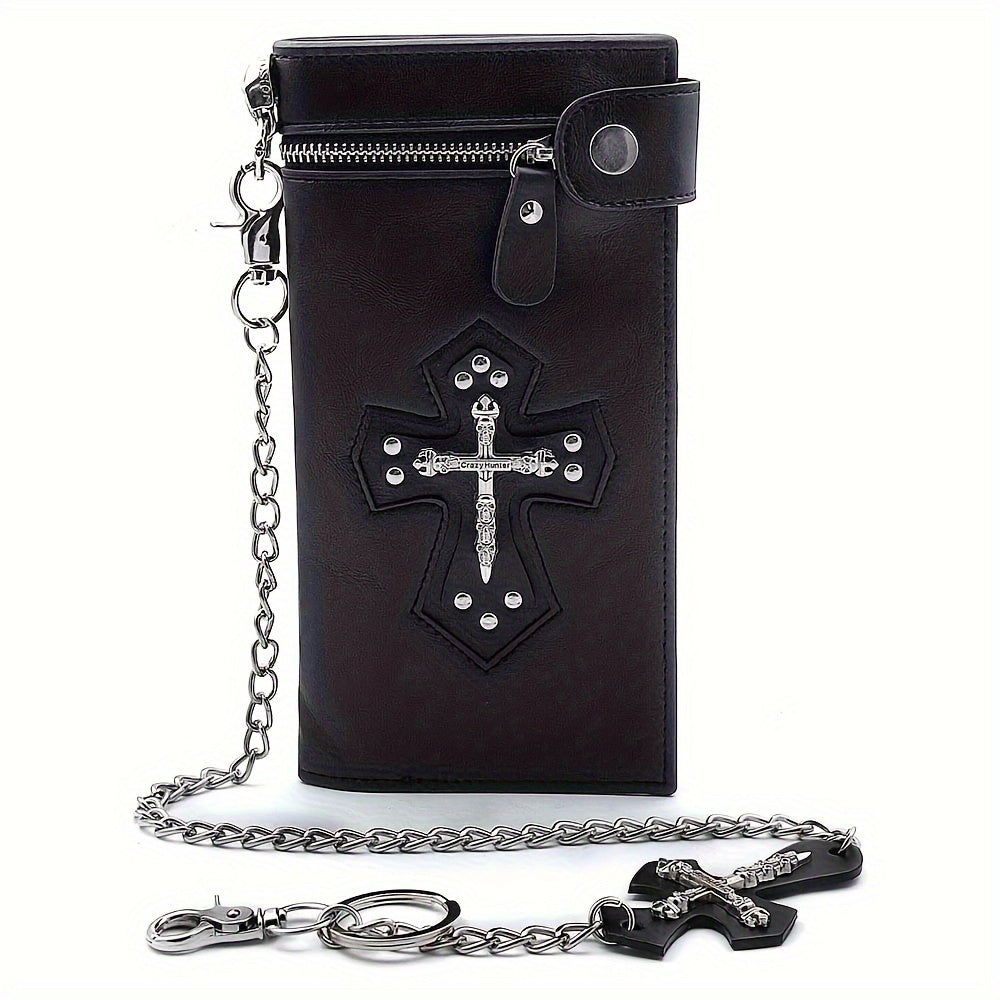 Men's Wallet Gothic Skull and Cross Leather Chain Wallet with Embossed Black Biker Design for Bikers