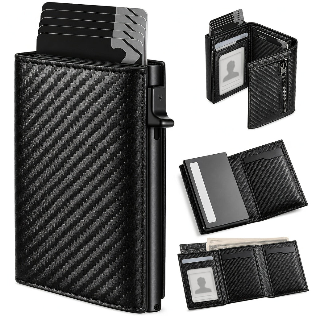 Men's Wallet AirTag-Compatible Carbon-Fiber Pop-Up Card Holder with 10 Slots & Money Clip for Cards, Cash and Daily Carry