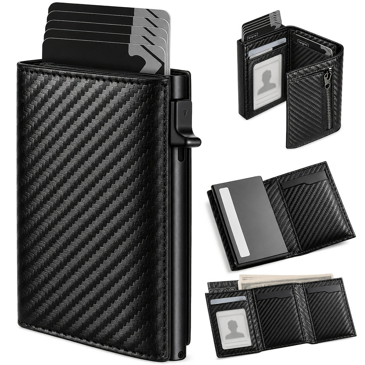 Men's Wallet AirTag-Compatible Carbon-Fiber Pop-Up Card Holder with 10 Slots & Money Clip for Cards, Cash and Daily Carry