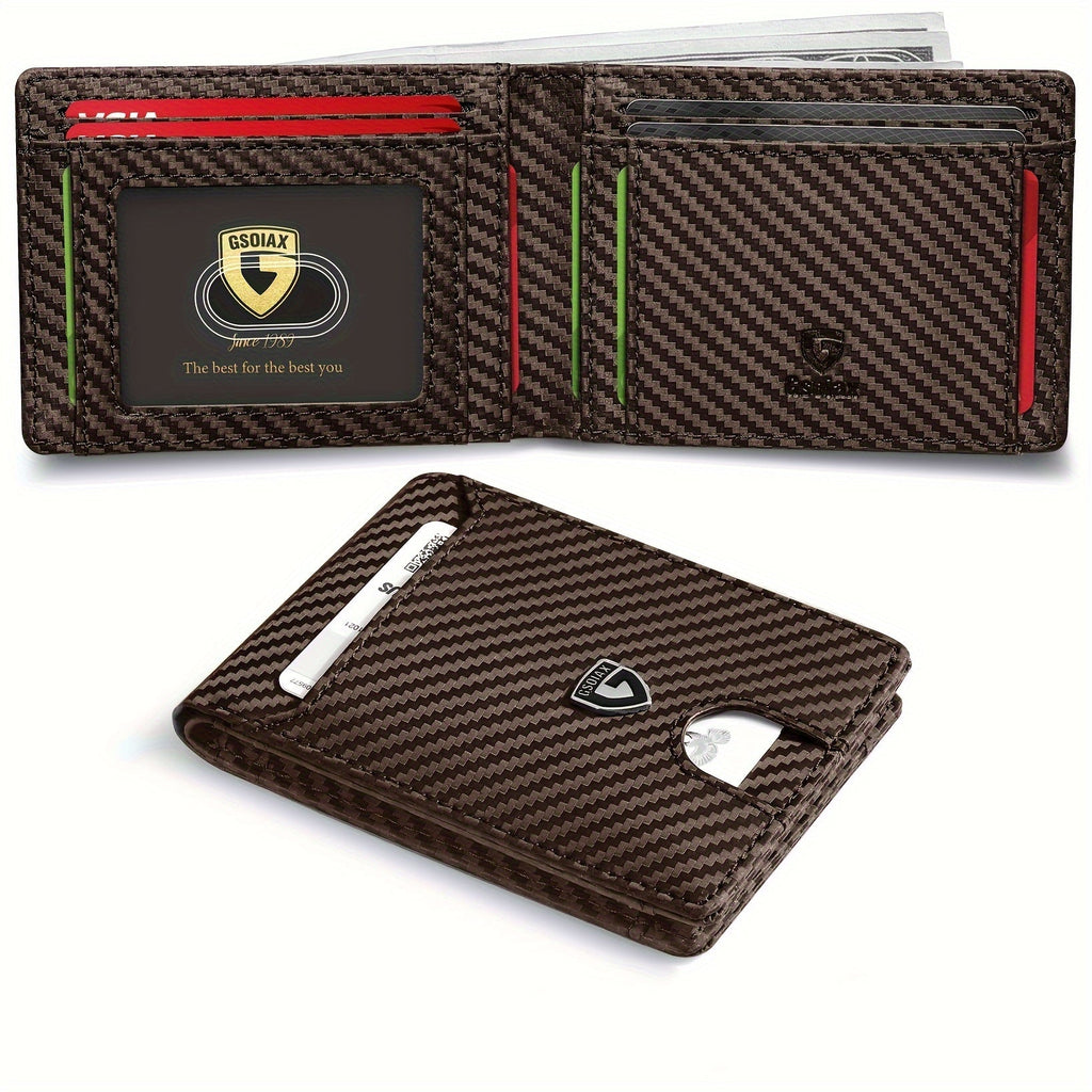 Men's Wallet Slim RFID Bifold with 12 Card Slots, Clear ID Window & Brown Carbon-Fiber Finish