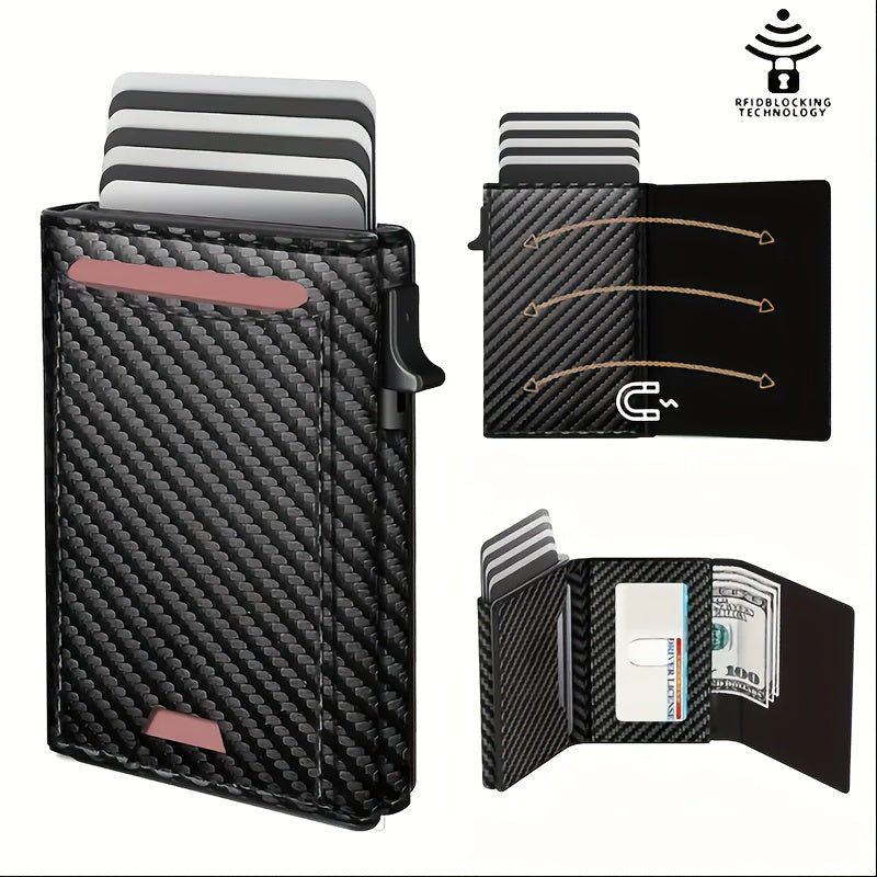 Men's Wallet Automatic Pop-Up Bifold with Magnetic Closure, Zipper & 3 Black Finishes for Cards, Cash and Daily Carry