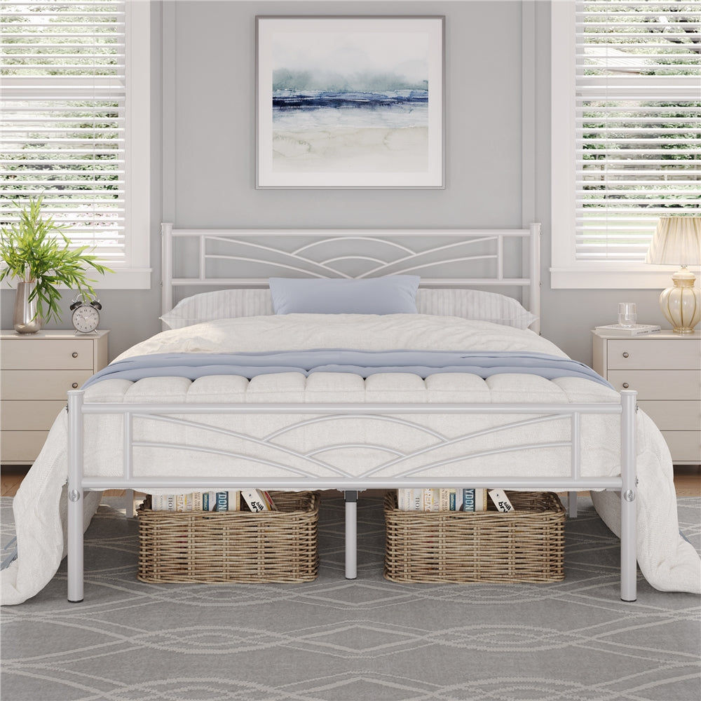 Bed Frame with Storage, Metal Platform with Cloud-Inspired Headboard, Footboard and Elevated Under-Bed Storage