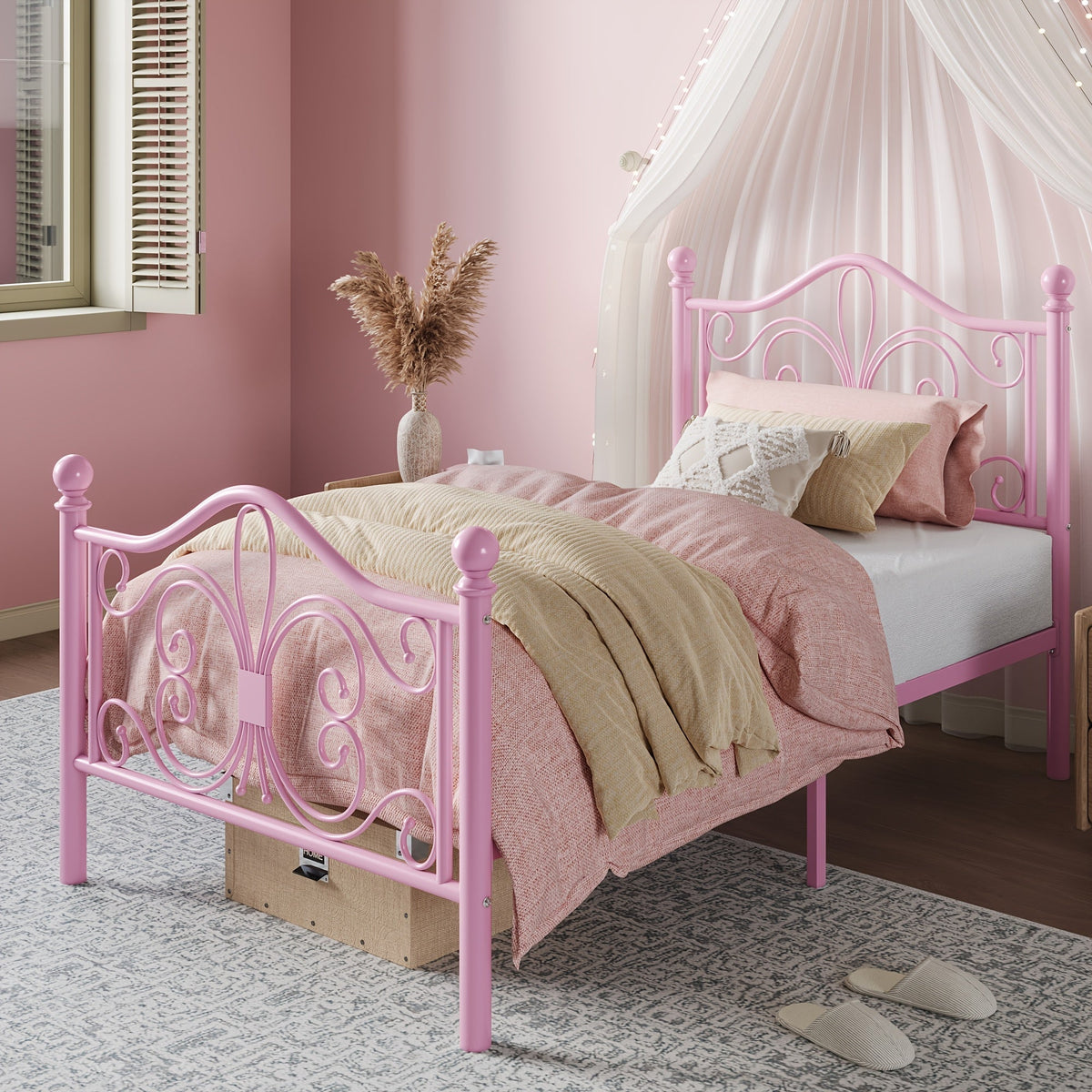 Bed Frame Metal Platform with Decorative Scroll Headboard, Footboard and Pink, Black or White Finish
