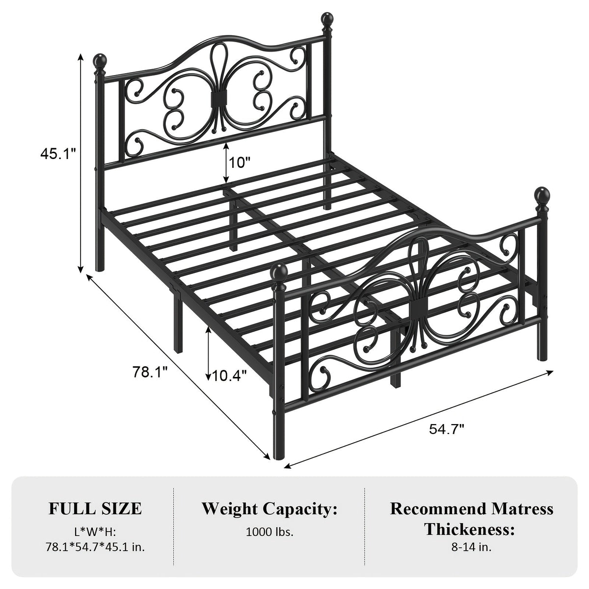 Bed Frame Metal Platform with Butterfly Headboard, Matching Footboard and Under-Bed Storage Clearance