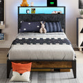 Bed Frame Metal Platform with Storage-Shelf Headboard, LED Strip and Type-C USB Charging Port