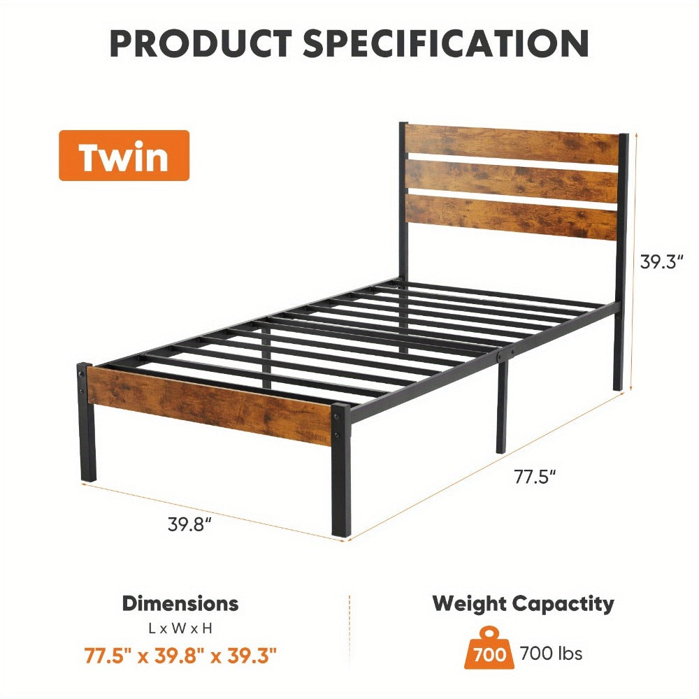 Metal Bed Frame with No Box Spring Needed and Solid Wood Construction for Bedroom detail image