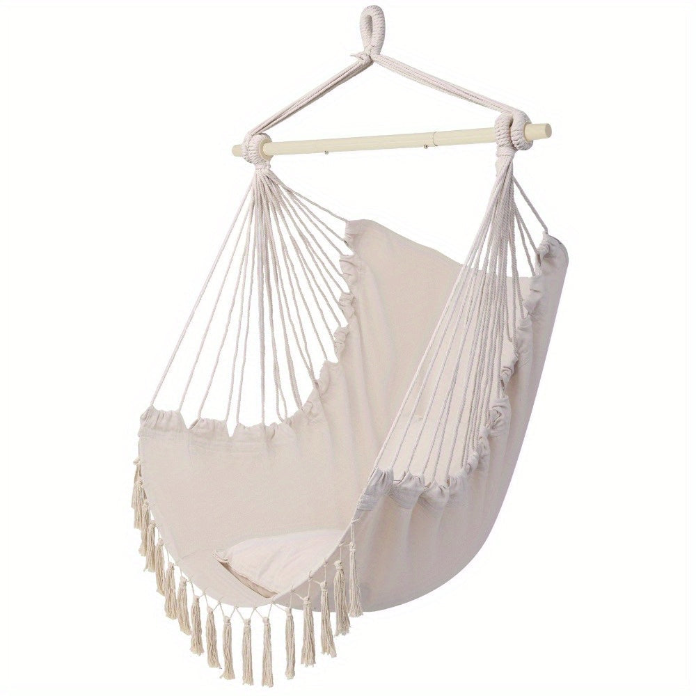 Metal Hammock Swing Chair with Macrame Weave and Canvas Seat for Patio