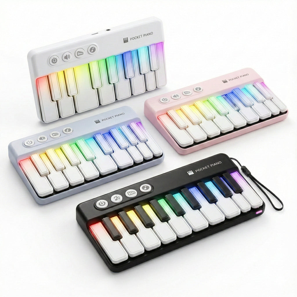 Fifteen-Key Light-Up Pocket Piano Keyboard with Five Function Buttons, USB Cable and Four Colors
