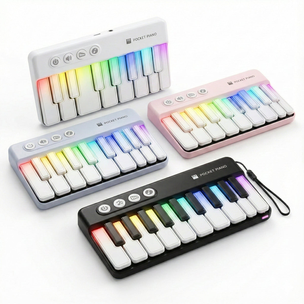 Fifteen-Key Light-Up Pocket Piano Keyboard with Five Function Buttons, USB Cable and Four Colors