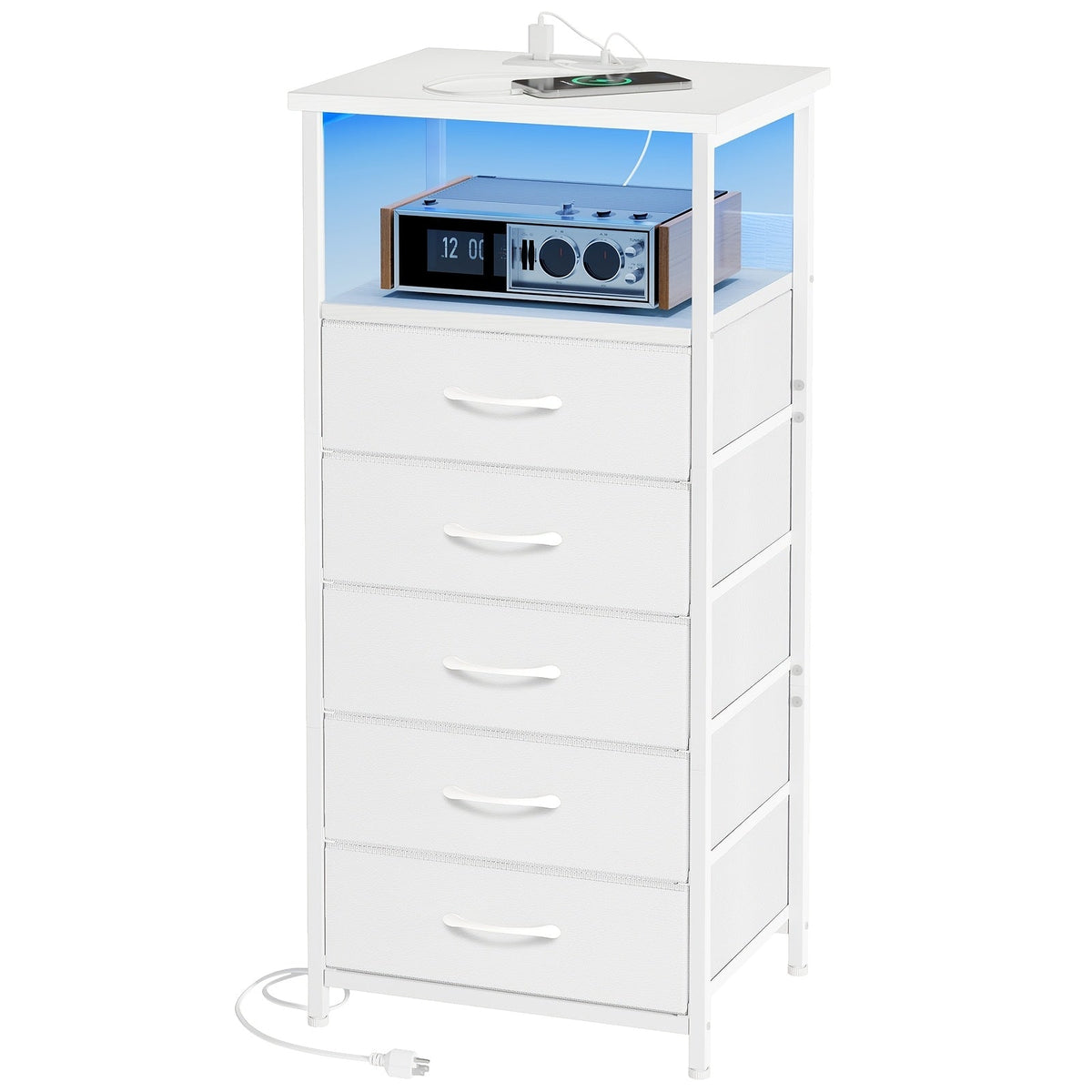 Nightstand Multi-Drawer Storage Tower with Charging Station, LED Light and One-to-Five Drawer Options