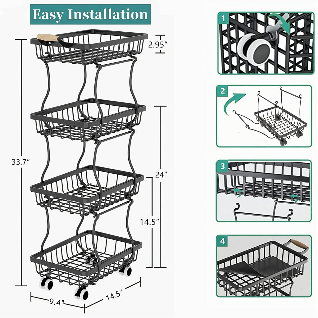 Multi-Tier Metal Storage Cart with Stackable Design and Rolling Wheels