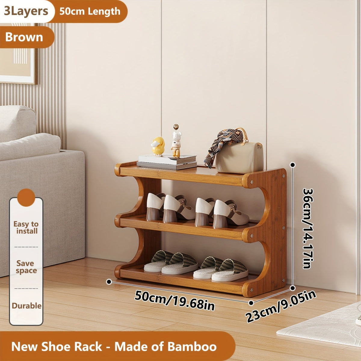 Shoe Rack Wide Bamboo Organizer with 3, 5 or 6 Layers and 19.69-31.5 Inch Heights for Entryways