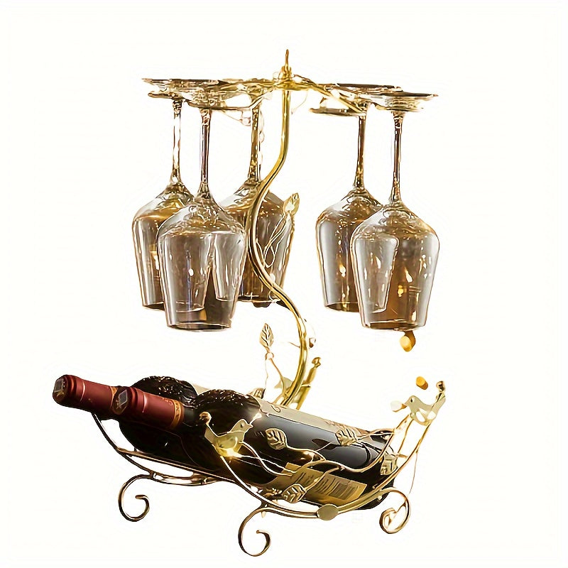 Curved Tabletop Wine Rack with Two Bottle Cradles and Six Stemware Holders in Gold-Tone Finish