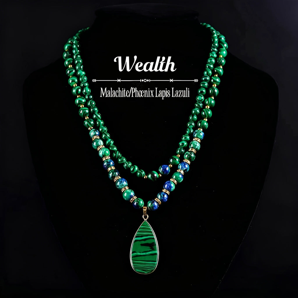 Necklace for Women - Malachite Set 2Pcs - Natural Stone Beads Lapis Lazuli Wealth , Handmade - product detail view 7