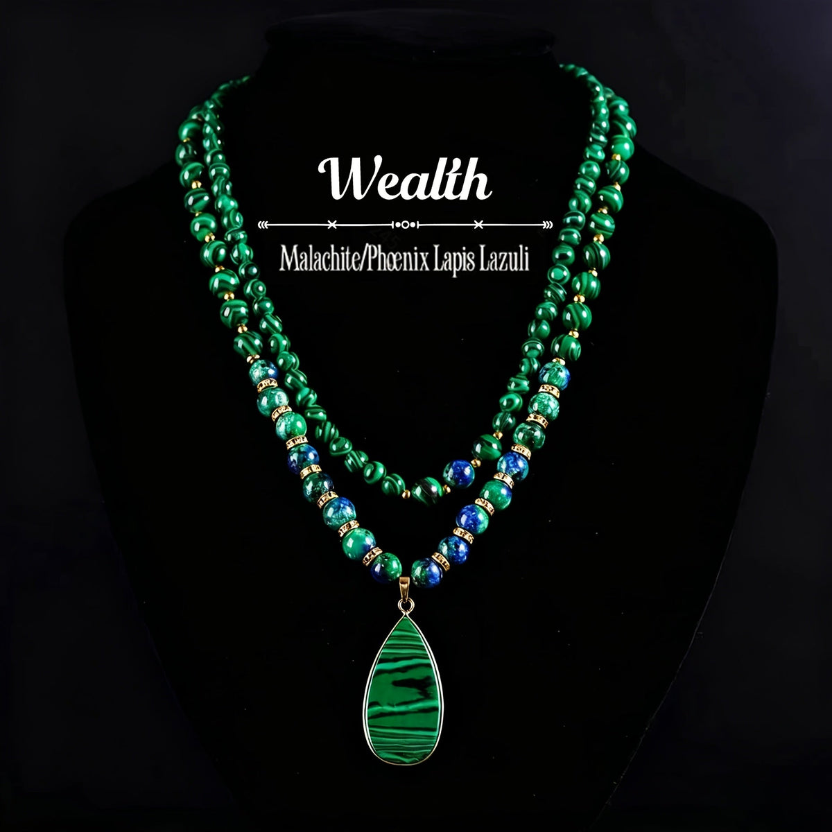 Necklace for Women - Malachite Set 2Pcs - Natural Stone Beads Lapis Lazuli Wealth , Handmade - product detail view 7