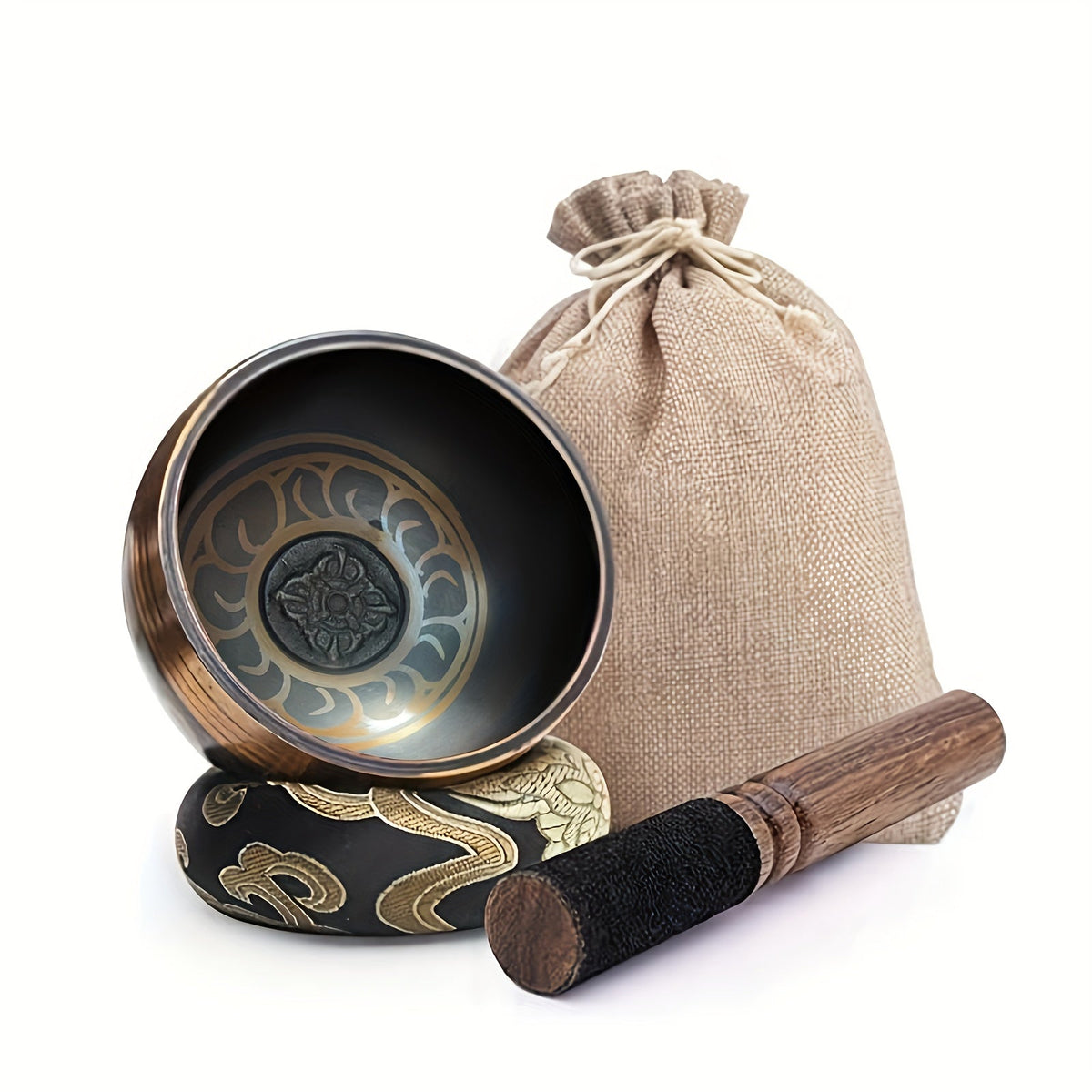 3.15-Inch Singing Bowl Set with Two Bound Checkout Styles, Wooden Striker and Round Cushion
