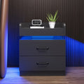 Nightstand Two-Drawer Bedside Table with Charging Station, LED Accent Light and Raised Tray Top
