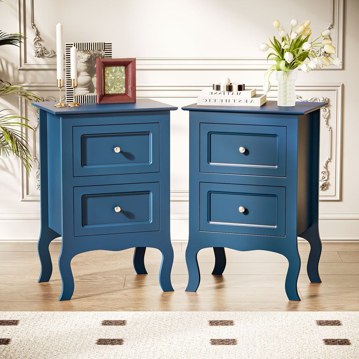 Nightstand Curved-Leg Two-Drawer Bedside Table with Five Colors and Single or Two-Piece Options