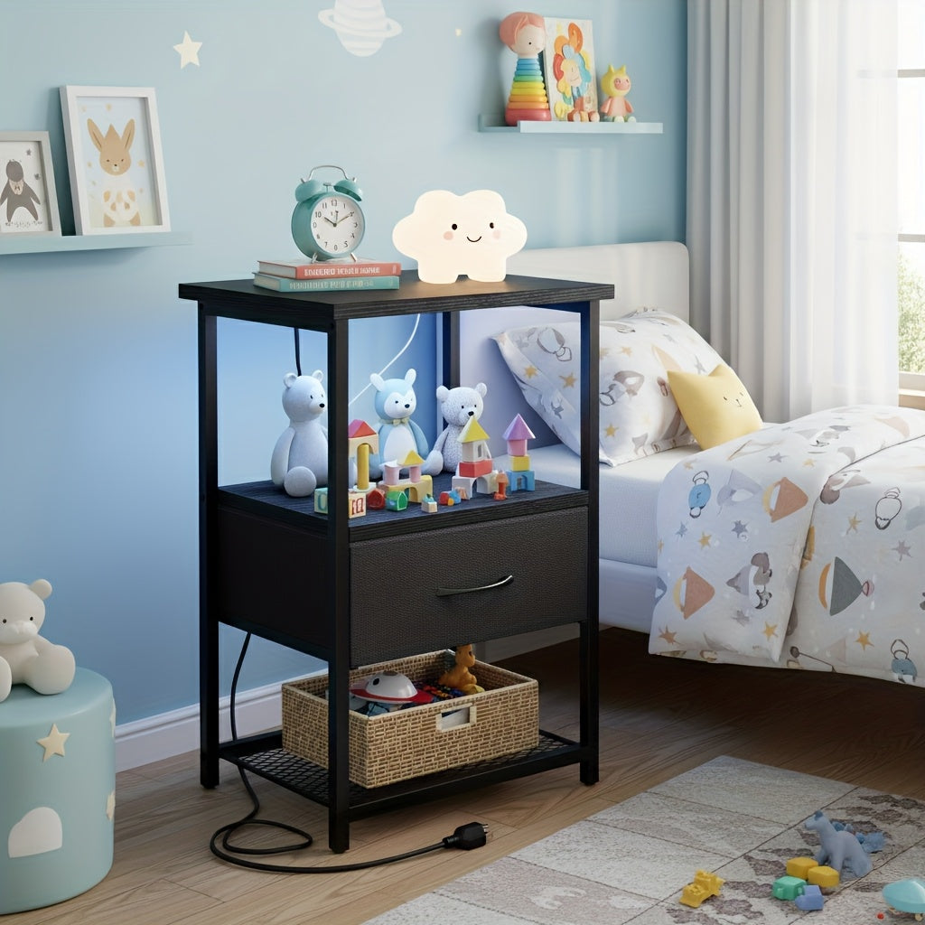 Nightstand Slim One-Drawer Side Table with Charging Station, LED Light, Open Shelf and Pack Options
