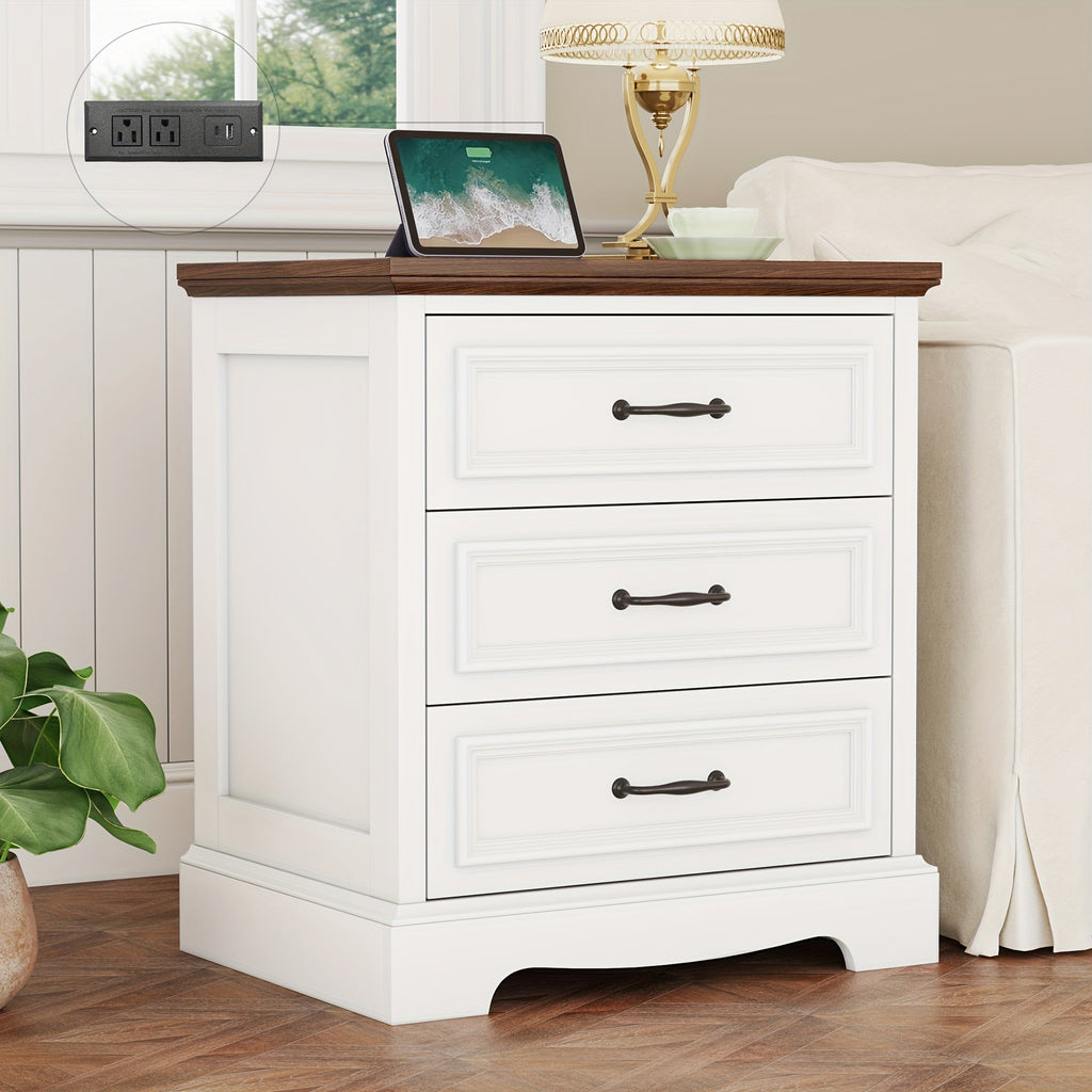 Nightstand Three-Drawer Bedside Storage Chest with Charging Station and Five Finish Options