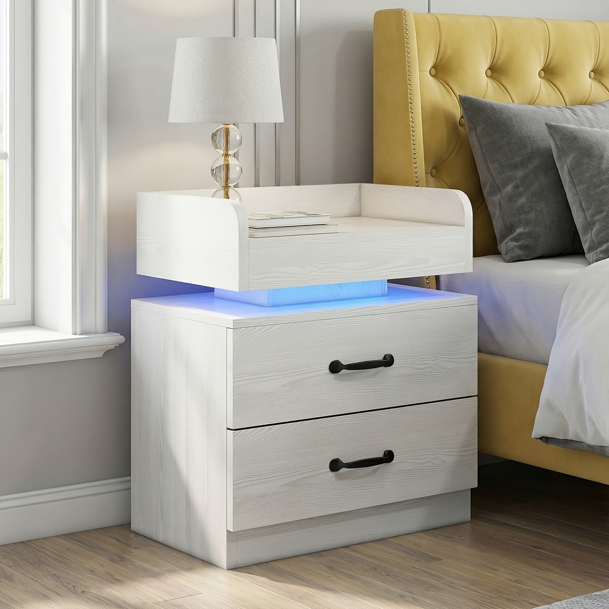 Nightstand Two-Drawer Bedside Table with Charging Station, LED Light and Three Color Options