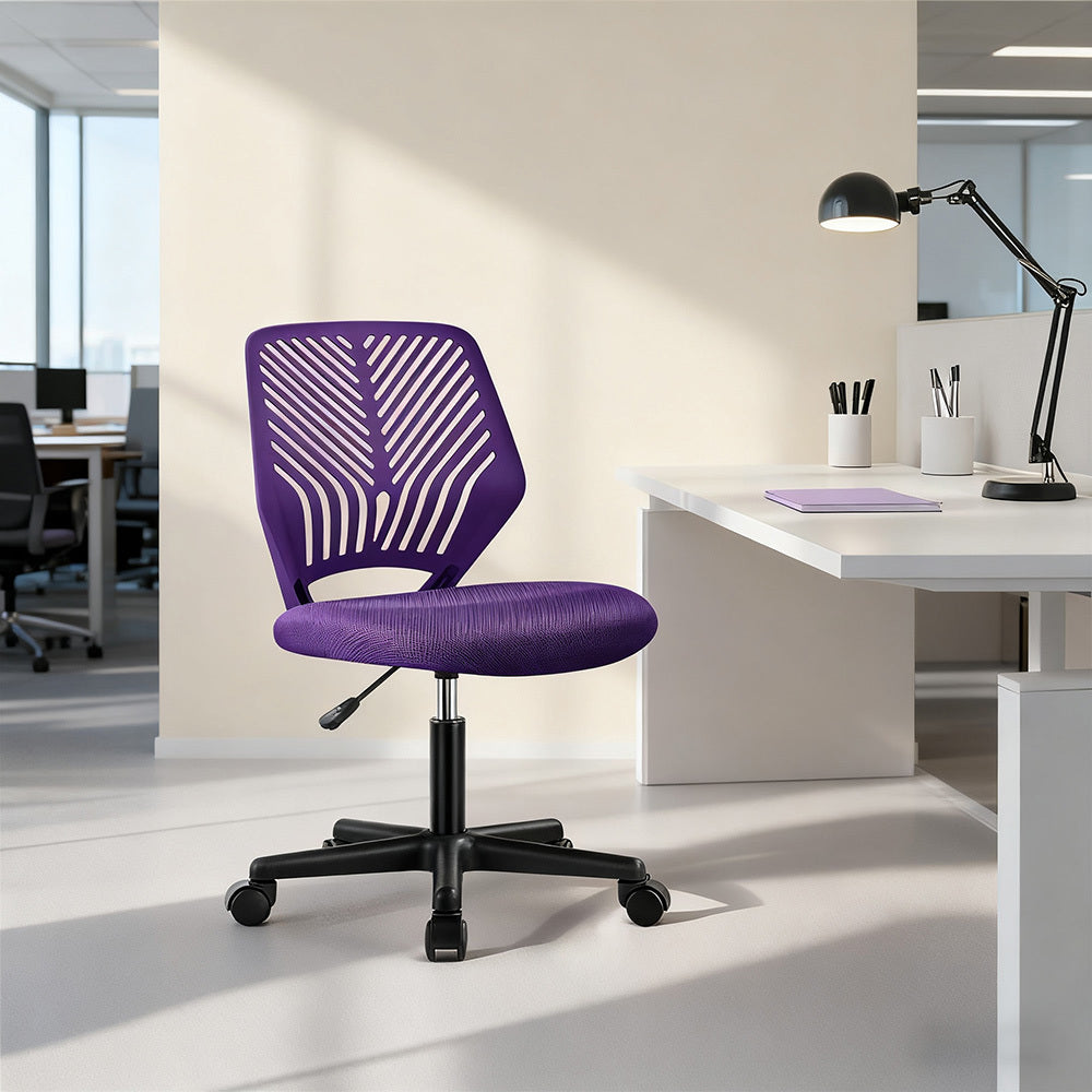 Office Chair Armless Mesh Design with S-Shaped Lumbar Section, Five Casters and Seven Color Options