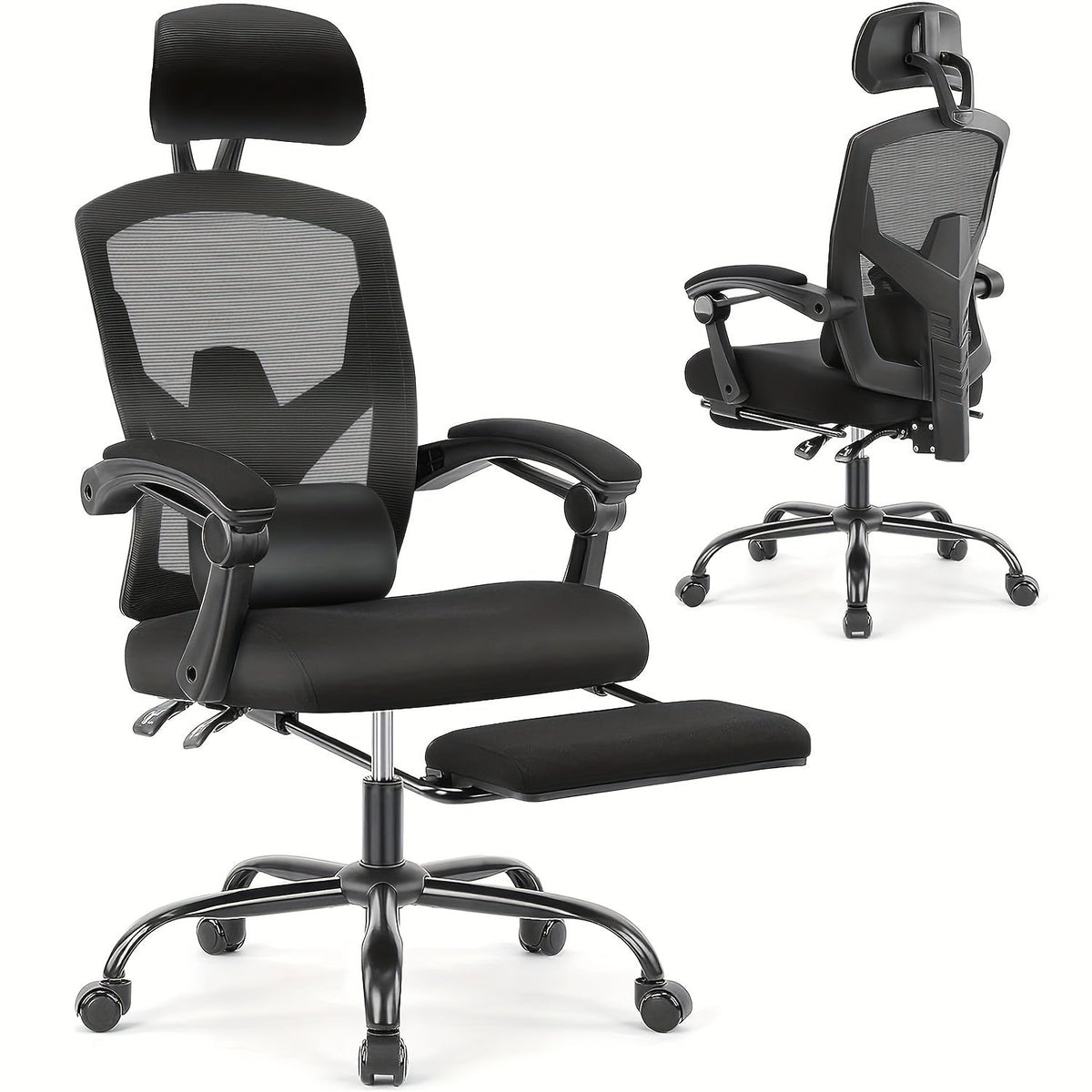Office Chair High-Back Mesh with Footrest, Headrest, Padded Arms, Manual Recline and Wheels