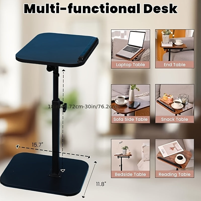 Side Table C-Shaped Wood-Look Top and Iron Frame with Adjustable Height in Black or Walnut Finish