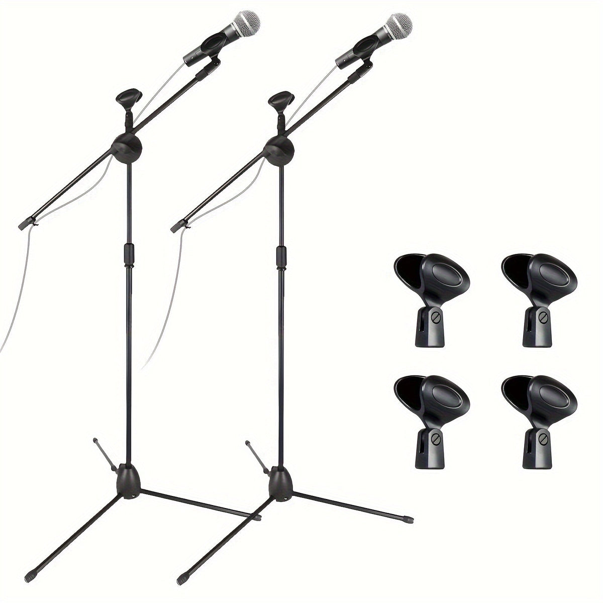 Tripod Microphone Boom Stand Two-Pack in Black with 130cm Height, Adjustable Arms and Microphone Clips
