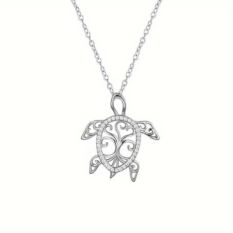 Sea Turtle Tree-of-Life Pendant Necklace with Silvery Finish, 42 cm Source-Marked Chain and Filigree Detail