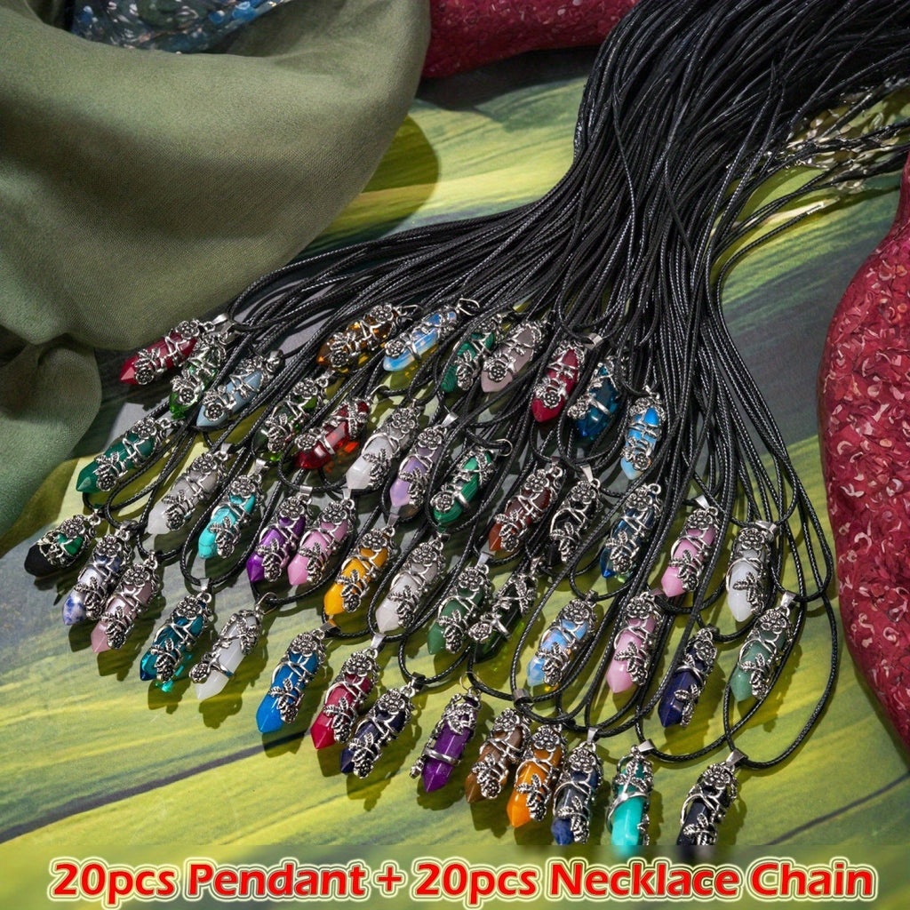 Pendant Necklace – Natural Stone Hexagonal Set 40pcs Bulk Bohemian Geometric Wrap Flower Charm with Black