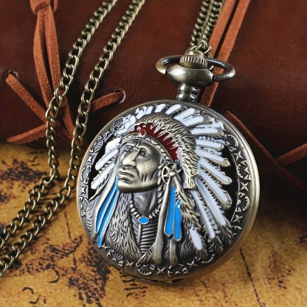 Pendant Necklace - Pocket Watch for Men Bronze Antique Indian Portrait Design Quartz Fob - product detail view 3