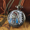 Bronze-Tone Quartz Pocket Watch Necklace with Antique Indian Portrait Design and Fob-Style Pendant