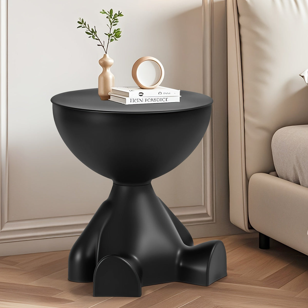 Stackable Bear-Shaped Plastic Nightstand with Bowl Storage, Rounded Top and Black or White Color Options