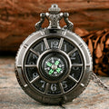 Black Compass-Motif Quartz Pocket Watch with Openwork Cover, Starry Dial and 80 cm Pendant Chain