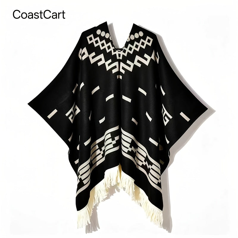 Mens Acrylic Poncho Shawl with Geometric Pattern and Tassel Details in Green or Burgundy for Layered Outfits