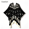 Mens Acrylic Poncho Shawl with Geometric Pattern and Tassel Details in Green or Burgundy for Layered Outfits