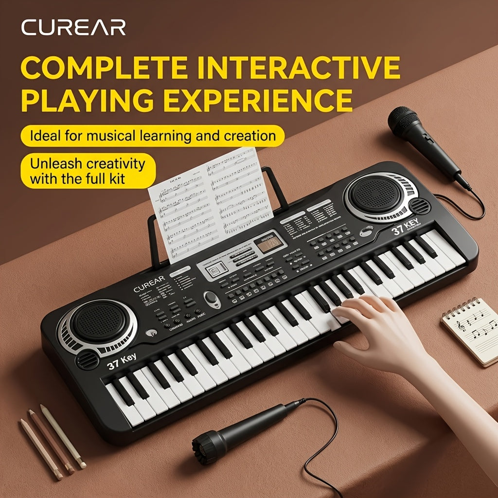 61-Key Black Electronic Keyboard Set with Microphone, Sheet Music, Note Stickers and USB Cable