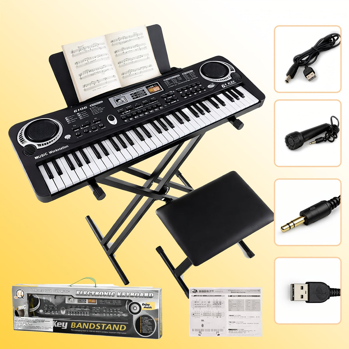 Portable Electronic Keyboard, I4250US, USB, Portable, 61-Key, Piano, Mic for Beginner